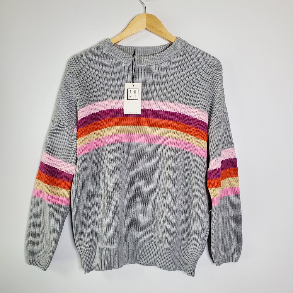 THML Grey and Multi color chet strip knit pull over sweater Size Medium NWT